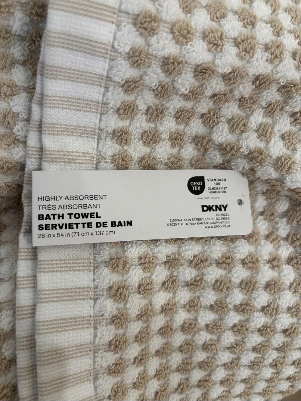 NWT 2Pc DKNY Beige White Gingham Checkerboard Check Bath Towels Soft 100% Cotton
